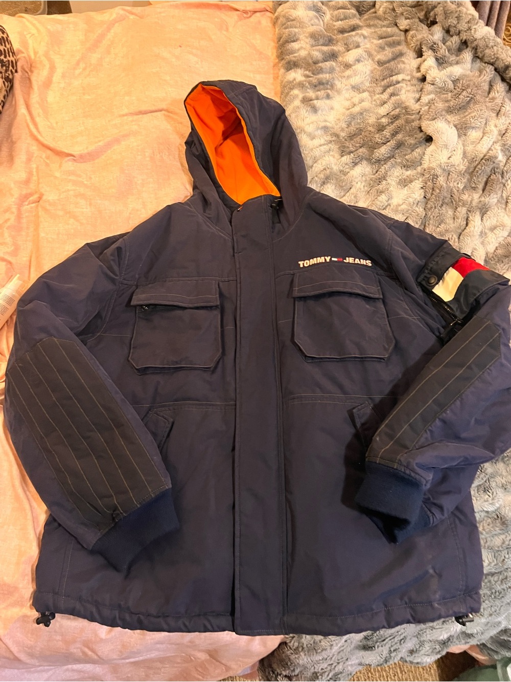 Tommy Hilfiger Navy Hooded Puffer Jacket with Orange Lining